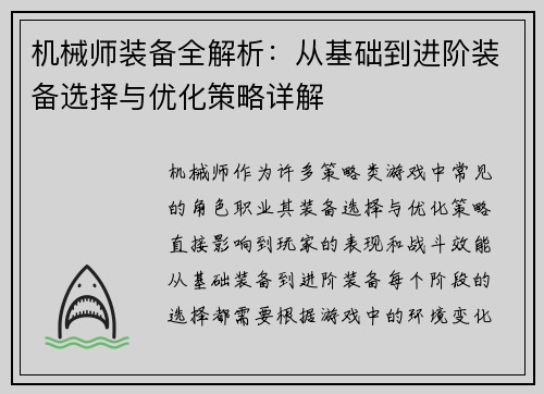 机械师装备全解析：从基础到进阶装备选择与优化策略详解