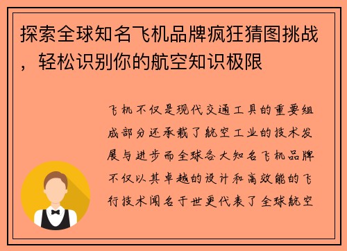 探索全球知名飞机品牌疯狂猜图挑战，轻松识别你的航空知识极限